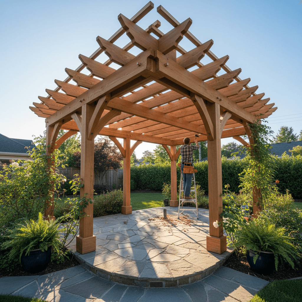 Completed pergola structure providing shade in residential backyard