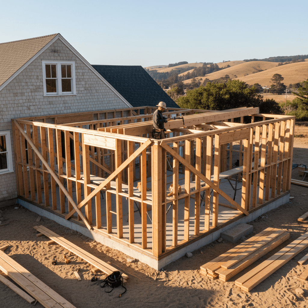 Wooden framing structure during home addition construction