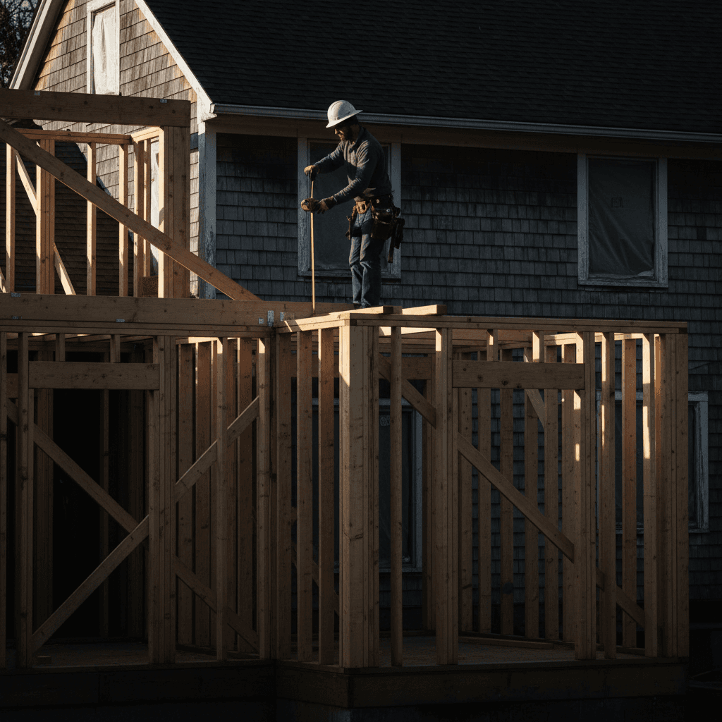Room addition framing showing structural carpentry work