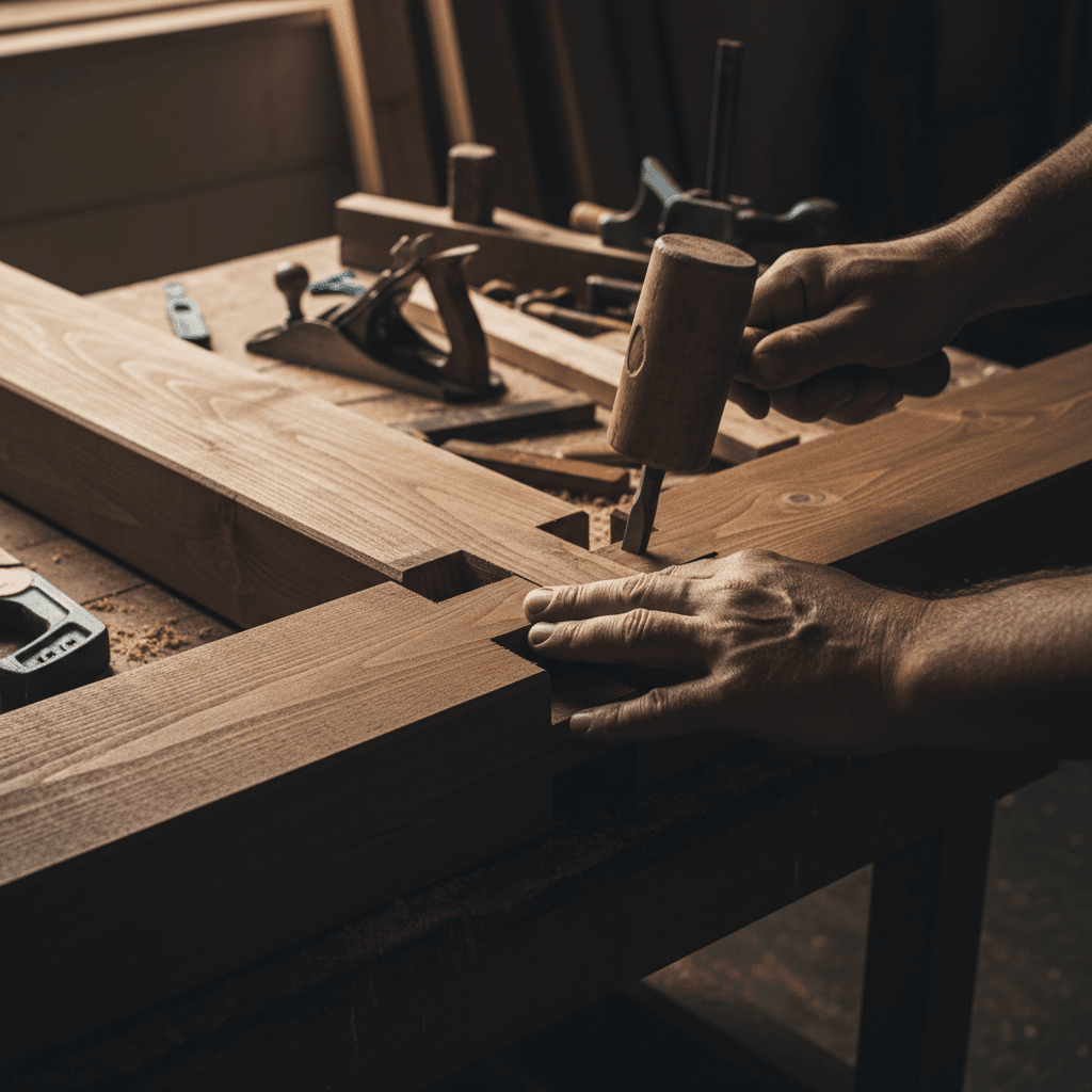 Carpenter fitting mortise and tenon joint on pergola