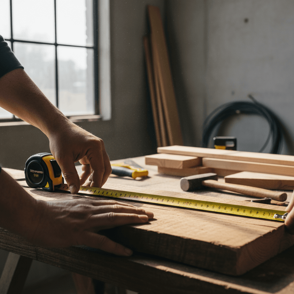 Carpenter measuring and marking wood for framing work