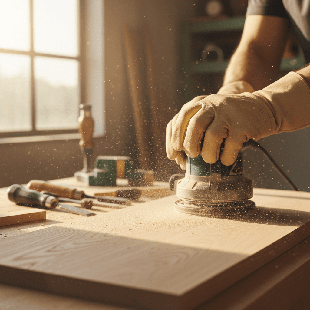Carpenter sanding hardwood with visible detail and craftsmanship