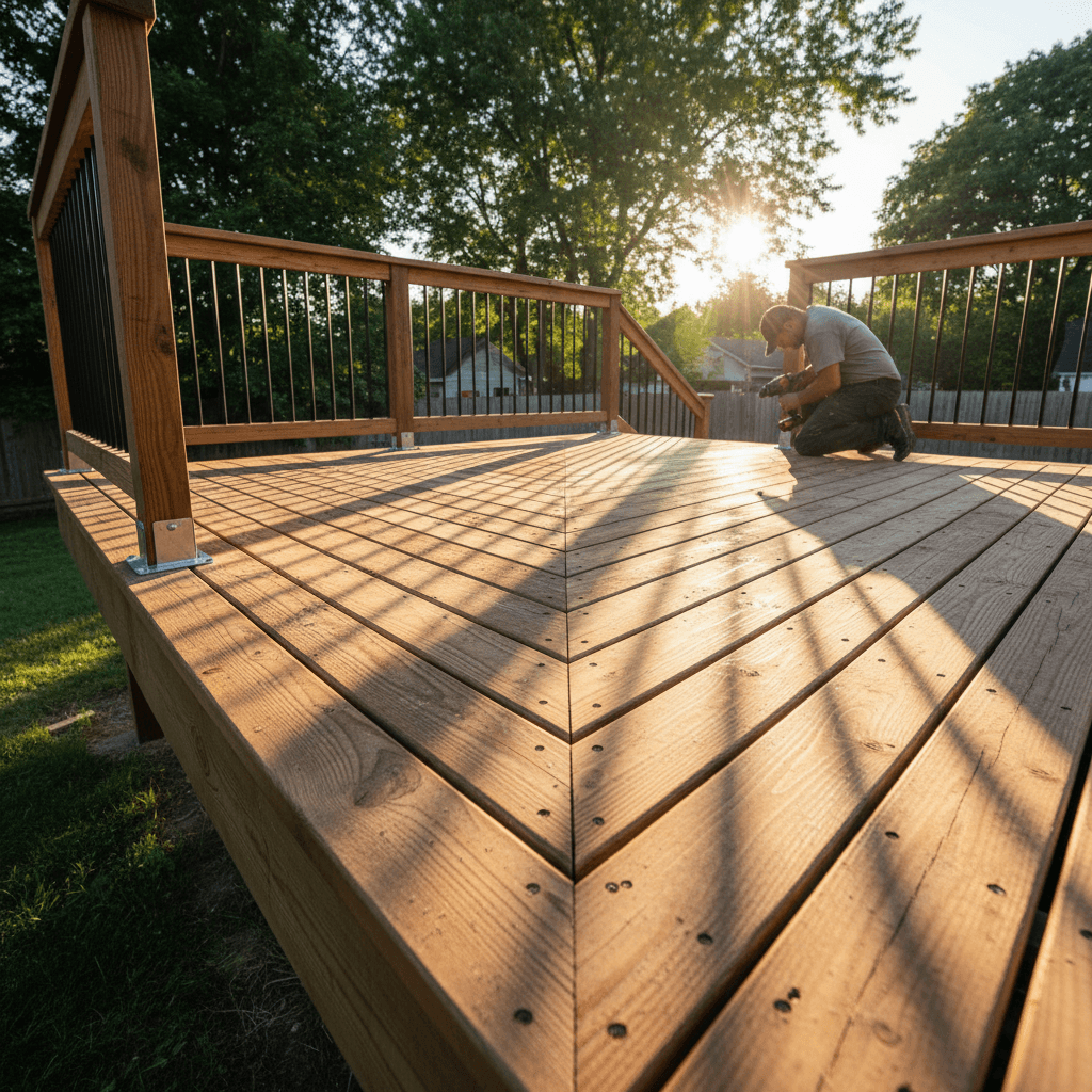 Carpenter building composite deck with railing installation