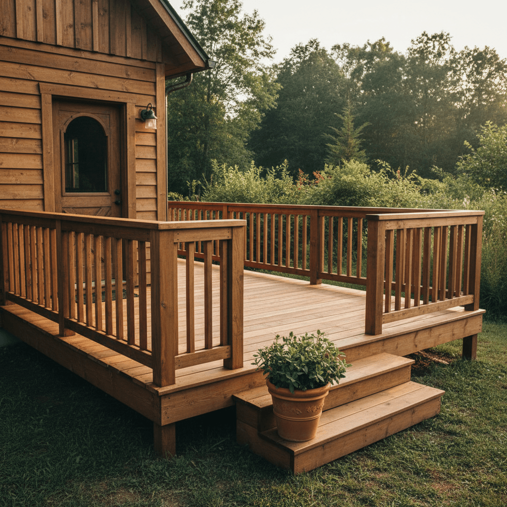 Custom wooden deck with clean construction and natural stain finish