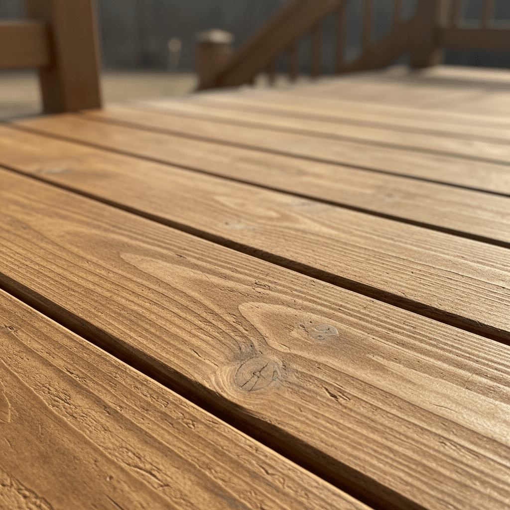 Newly stained deck boards with rich wood finish