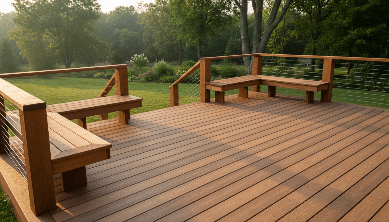 Completed custom deck with professional craftsmanship and natural wood details in a residential Indianapolis backyard