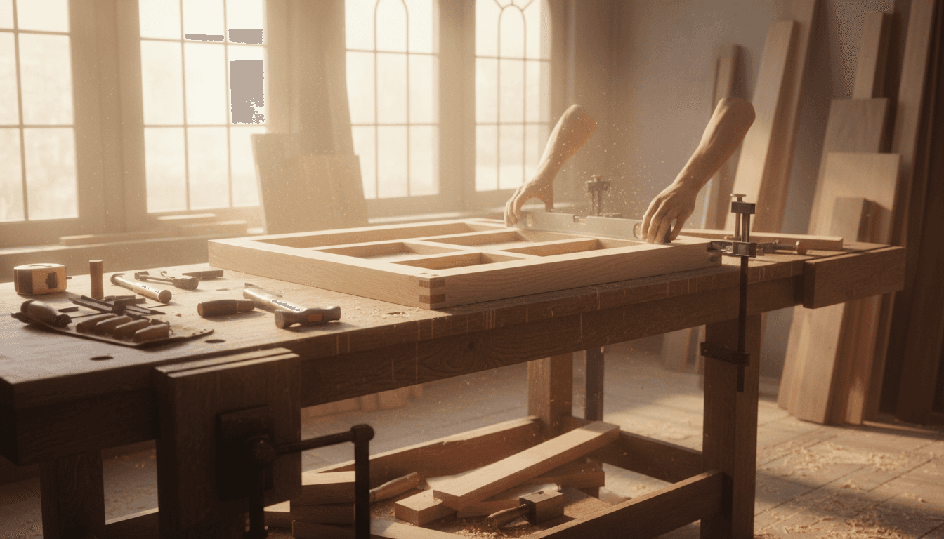Carpenter working on wood joinery in a bright Indianapolis workshop with natural sunlight