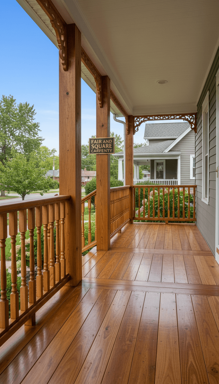 Glossy wooden porch featuring ornate railings, thick posts, and a Fair and Square Carpentry sign.