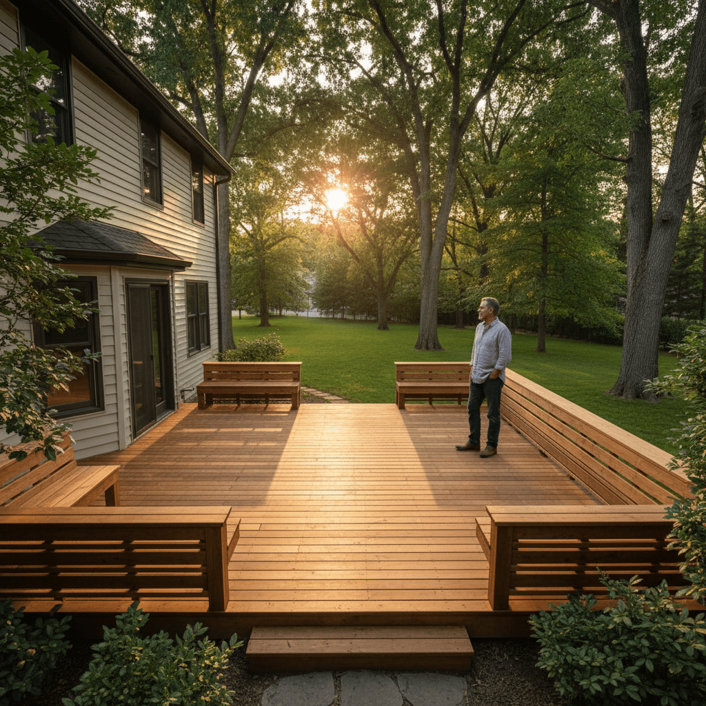 Custom residential deck with built-in seating and railings