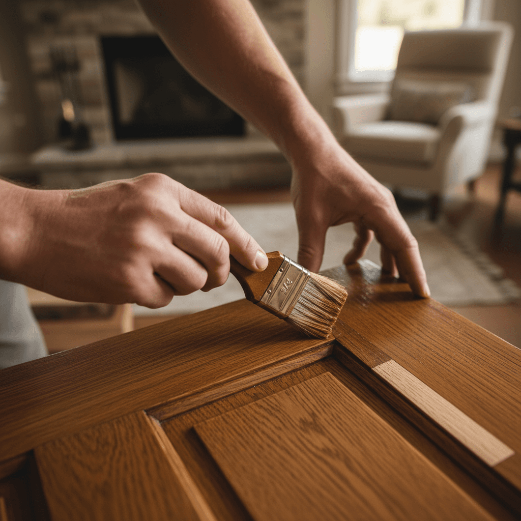 Carpenter carefully repairing wooden door trim