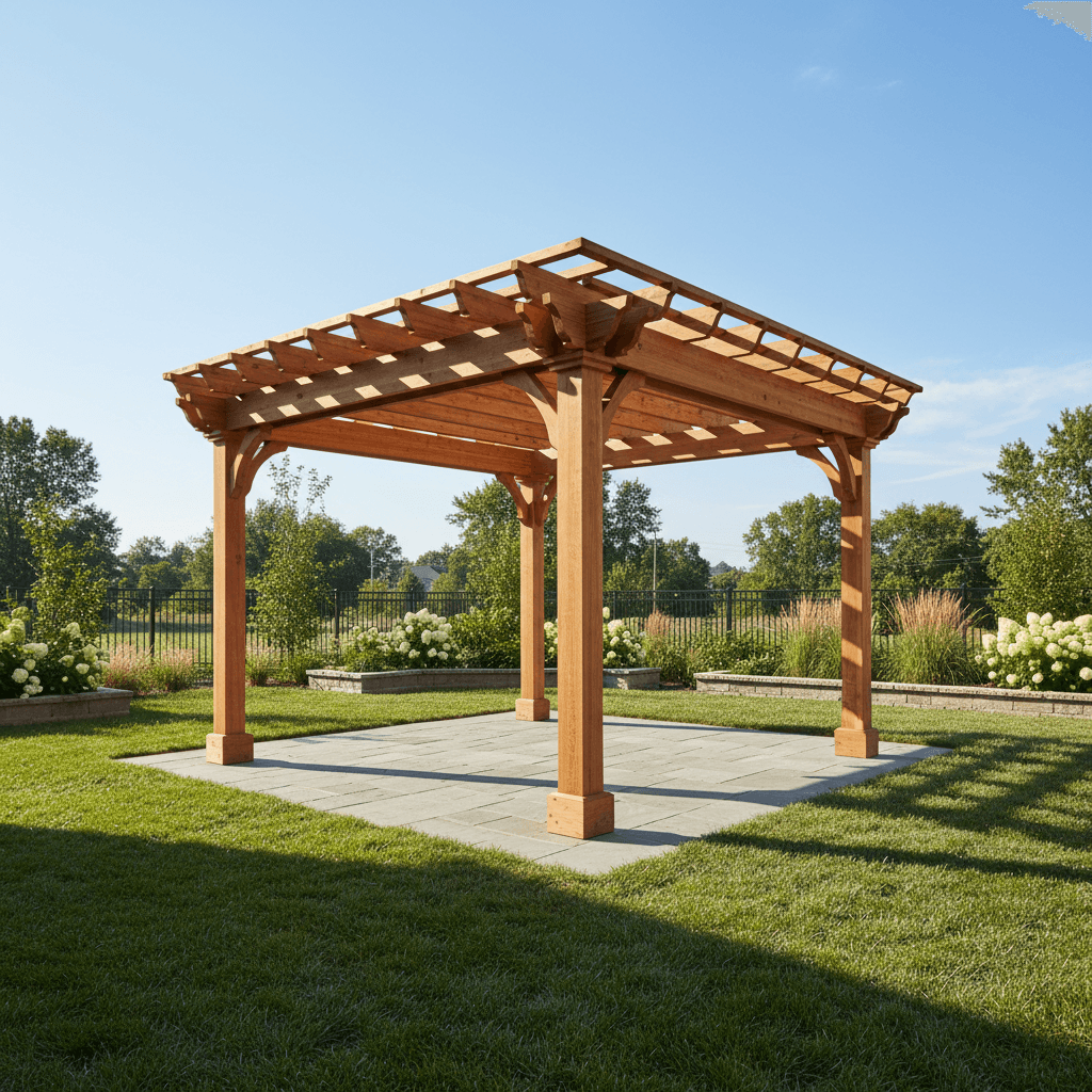 Completed pergola in backyard with dappled sunlight