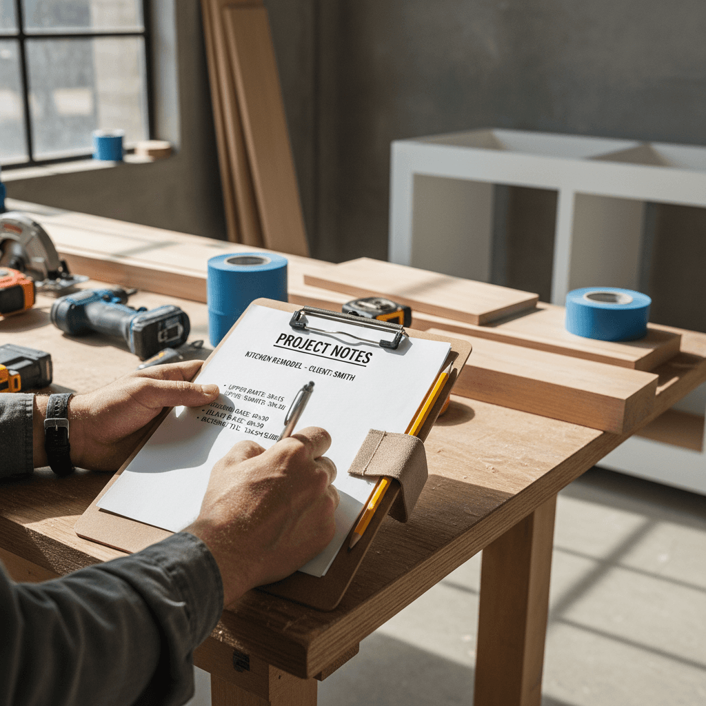 Carpenter documenting project details and measurements