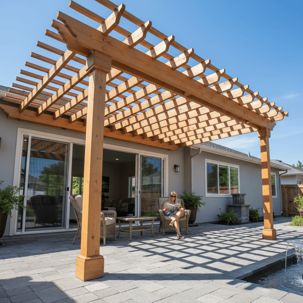 Completed pergola installed over residential patio