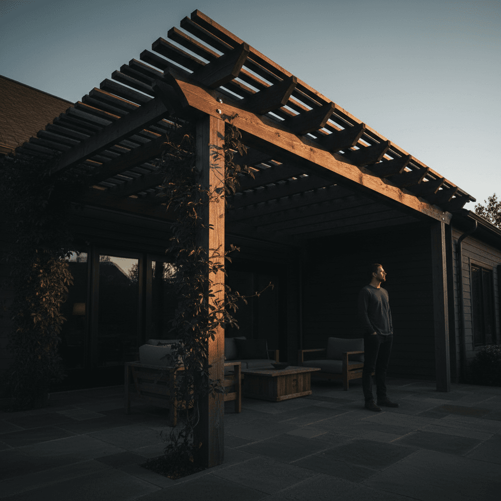Wooden pergola structure providing shade with climbing vine details