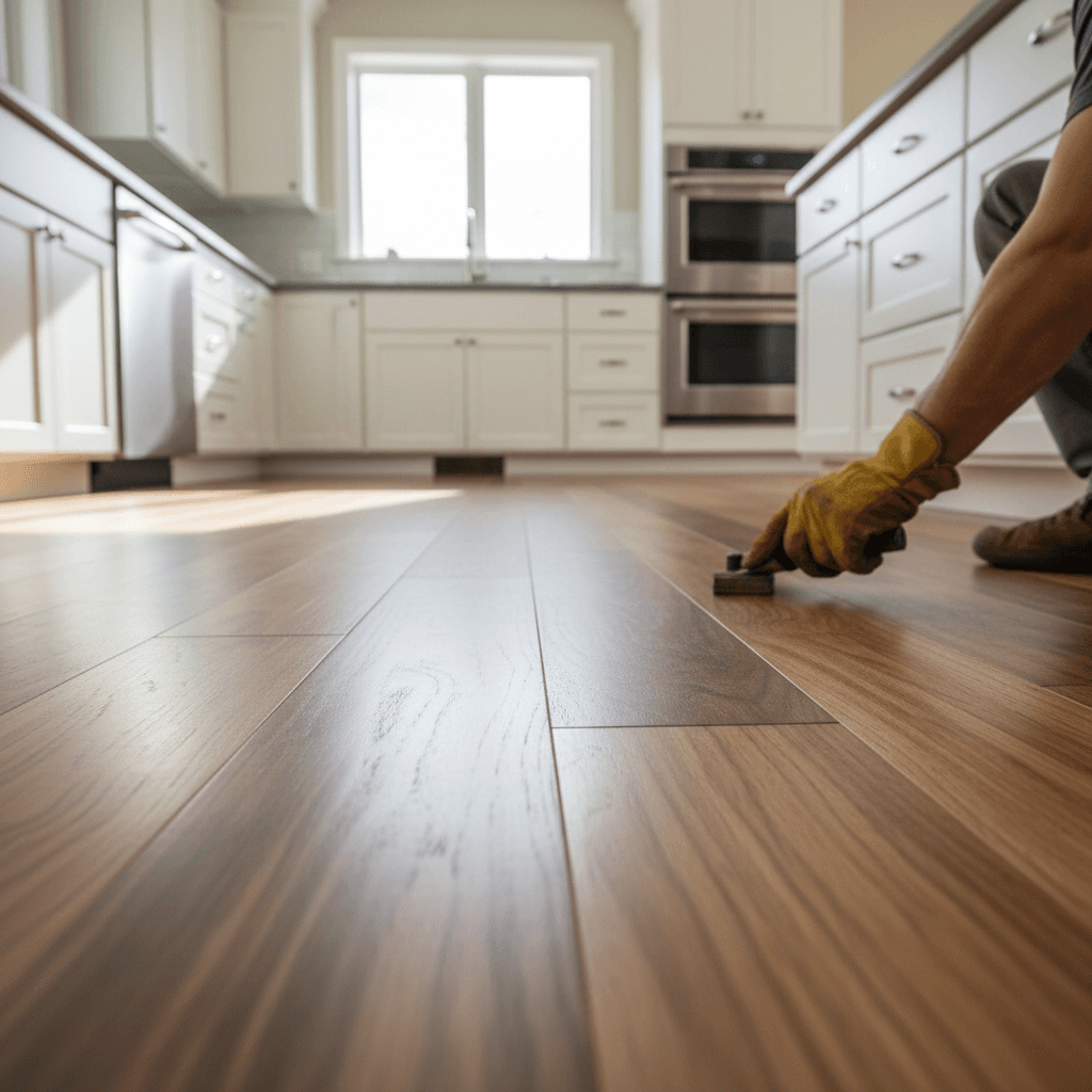 Detailed view of hardwood floor installation during finishing