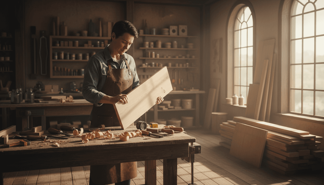 Skilled carpenter examining quality wood materials in a bright workshop