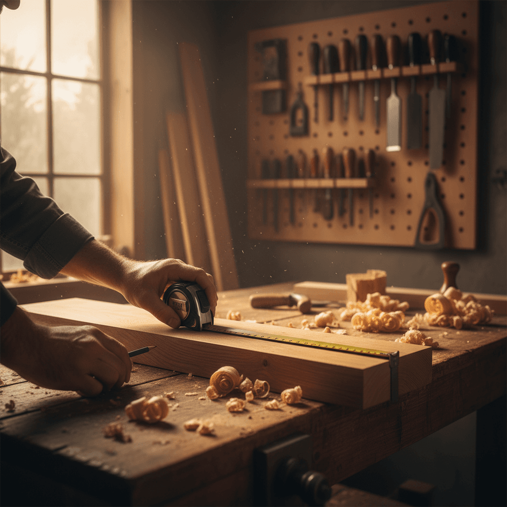 Carpenter measuring and marking wood for a custom project