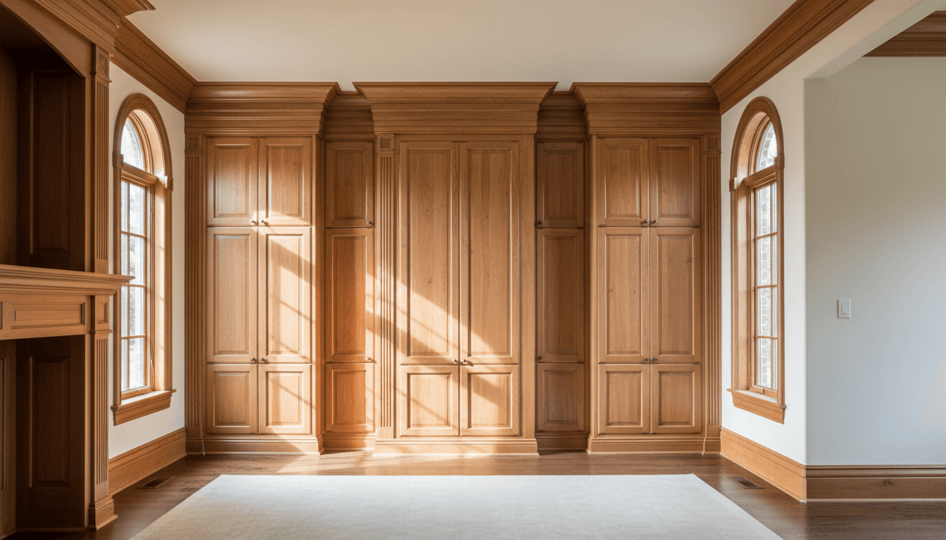 Elegant finished residential interior featuring custom built-in cabinetry, intricate crown molding, and detailed baseboards throughout the polished living space